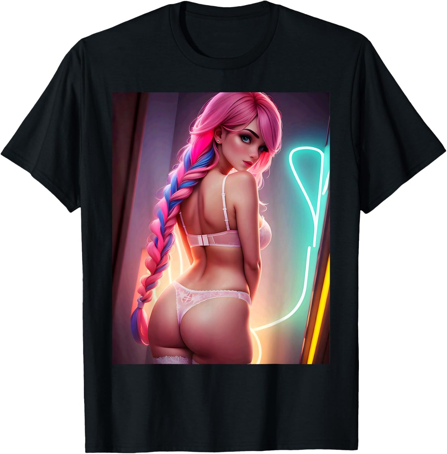 Cute Sexy Anime Manga Waifu Woman Pink Lingerie Portrait , Black, S T-Shirt - T-Shirt | Black