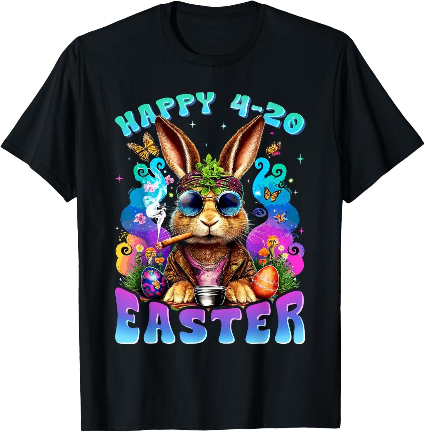 Happy 420 Easter Bunny Smoking Weed Funny Men Women T-Shirt - T-Shirt | Black