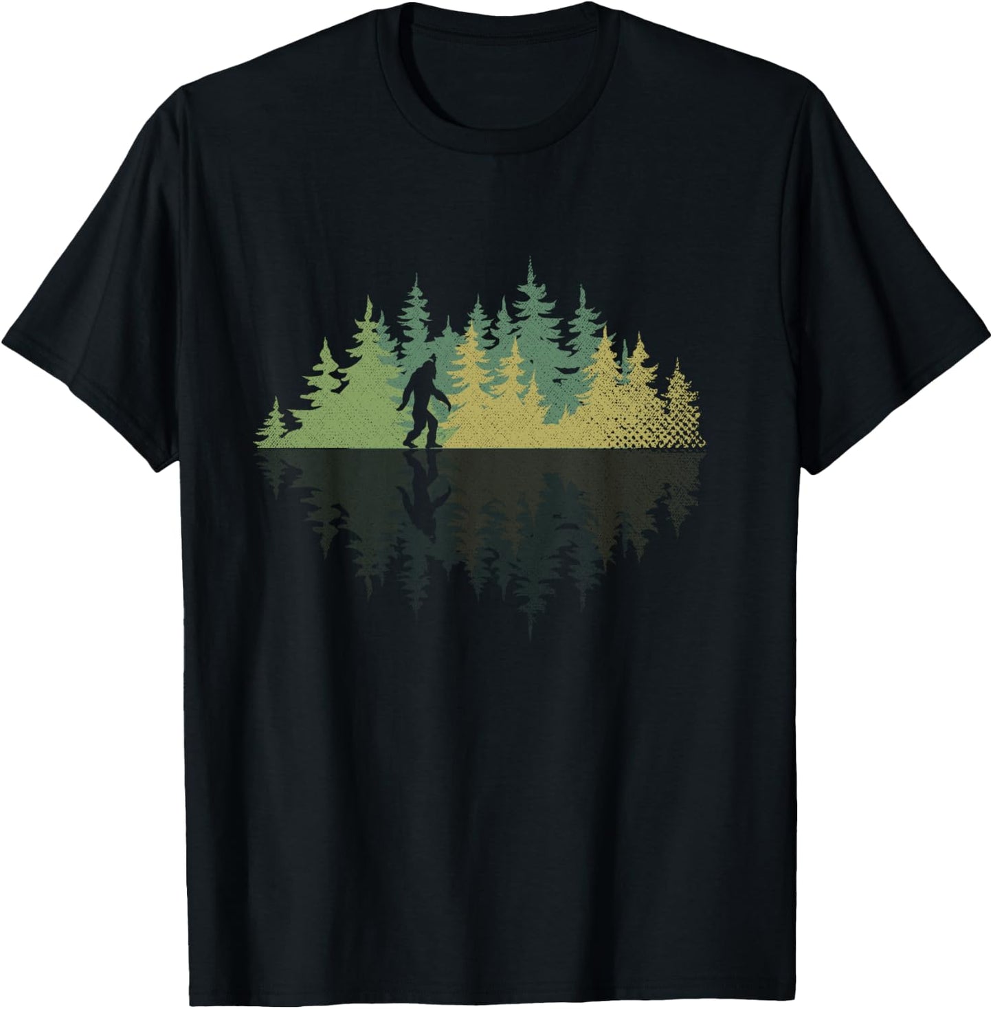 Sasquatch Yeti Reflection Forest Trees Conspiracy Bigfoot T-Shirt - T-Shirt | Black