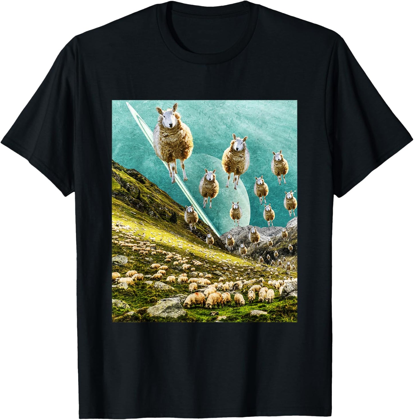Flying Sheep - Funny Surreal Art - Collage Art - Classic T-Shirt - T-Shirt | Black