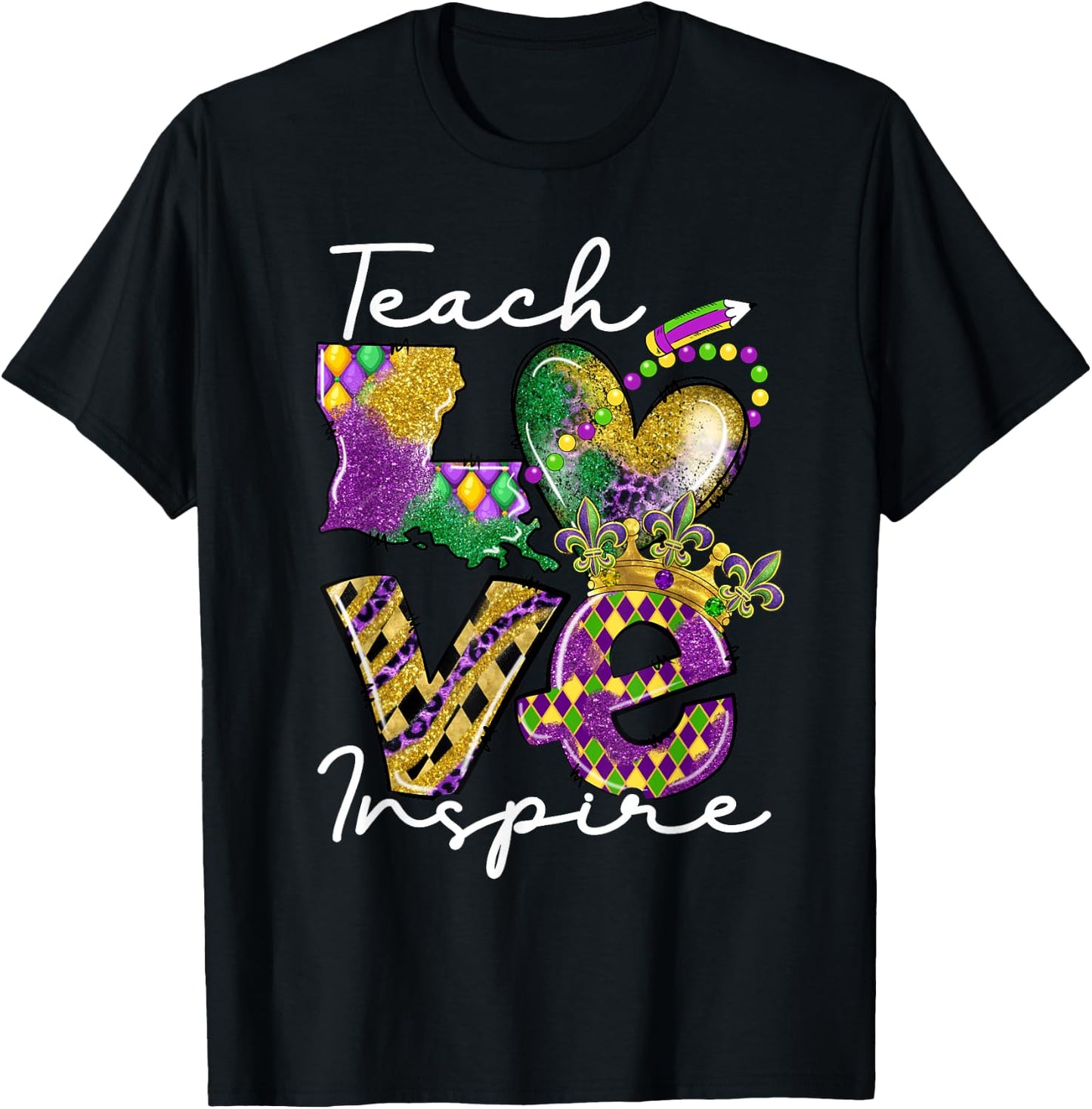 Teacher Mardi Gras Teach Love Inspire Carnival Beads Leopard T-Shirt - T-Shirt | Black