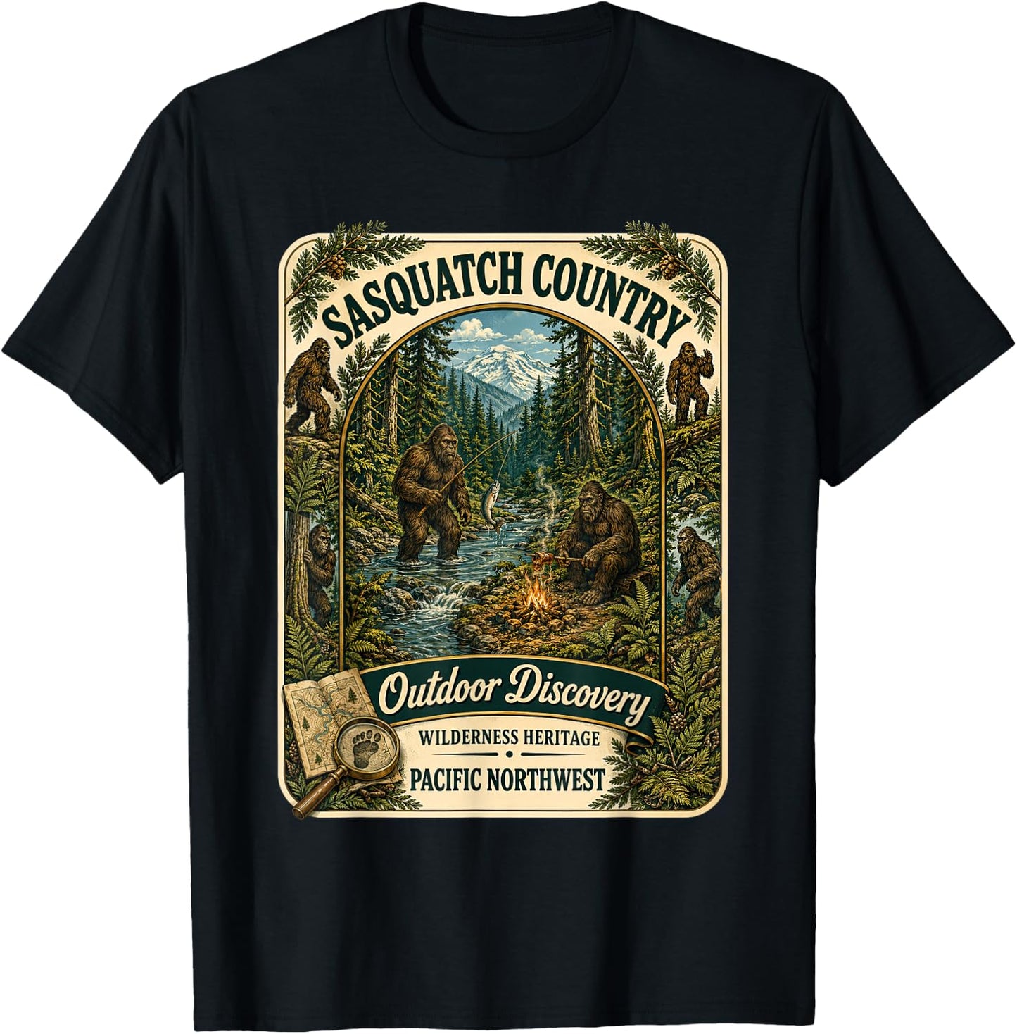 Sasquatch Bigfoot Country Outdoor Camping Pacific Northwest T-Shirt - T-Shirt | Black