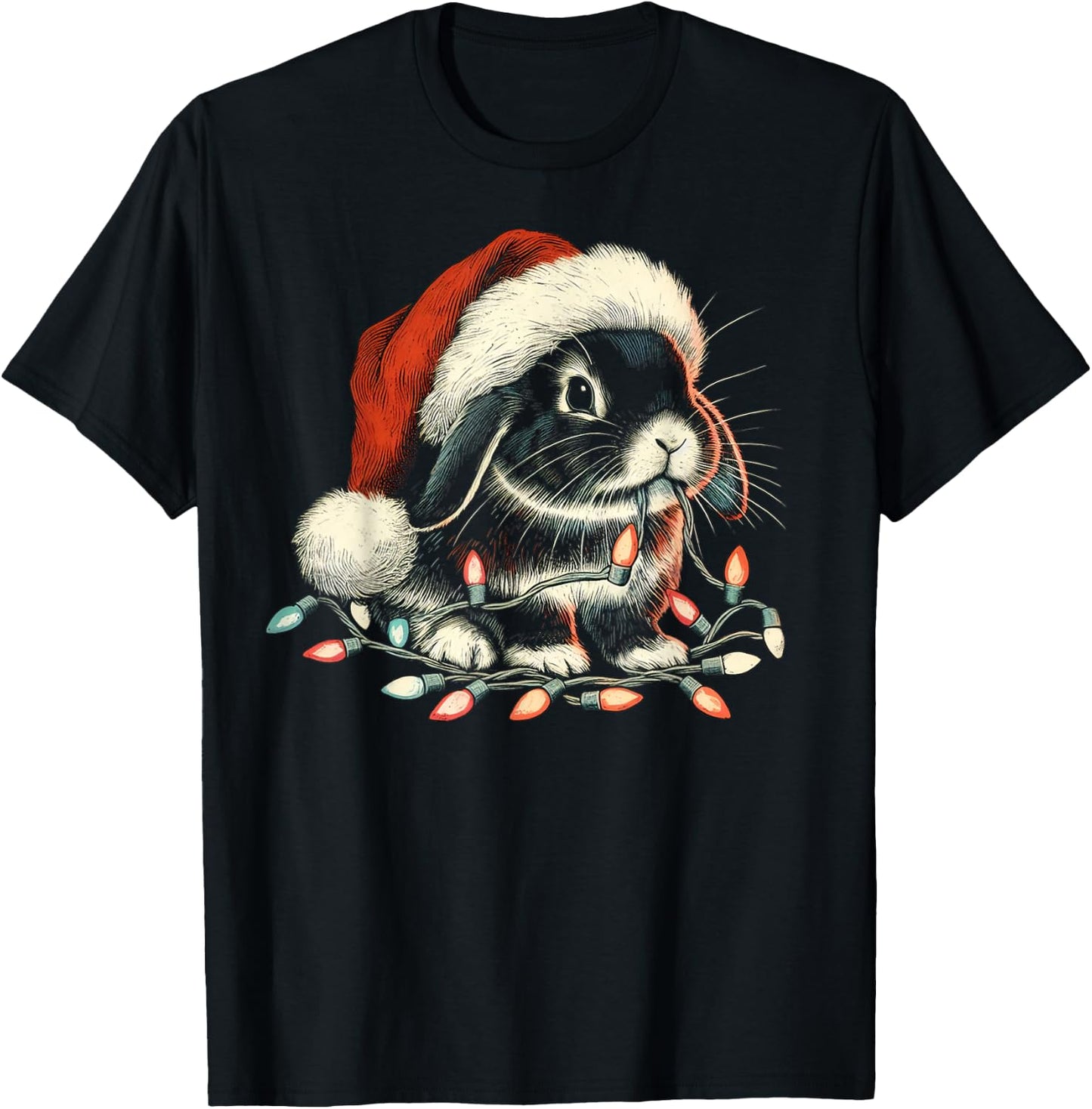 Holland Lop Rabbit Bunny Chew Christmas Light Xmas Holiday T-Shirt - T-Shirt | Black