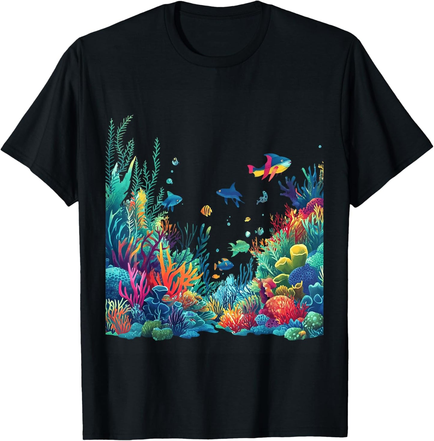 Vibrant Coral Reef Marine Life Scene T-Shirt - T-Shirt | Black