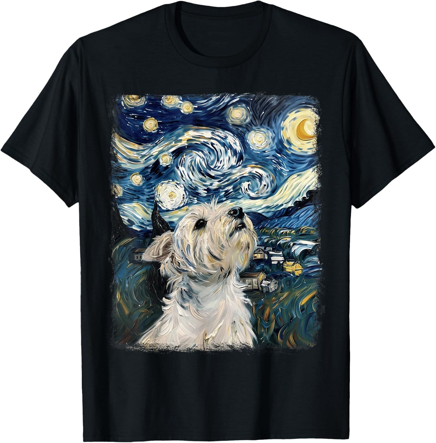 West Highland Terrier Dog Starry Night Painting T-Shirt - T-Shirt | Black