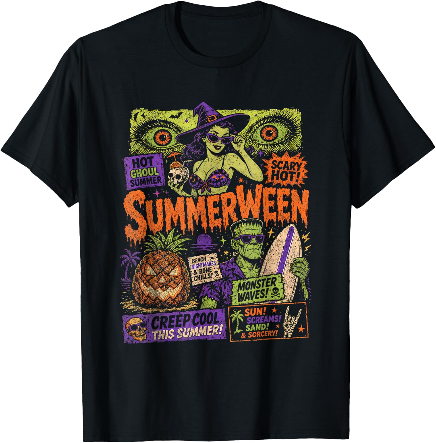 Punk Funny Witch Monster Frankenstein Summerween Beach Trips T-Shirt - T-Shirt | Black