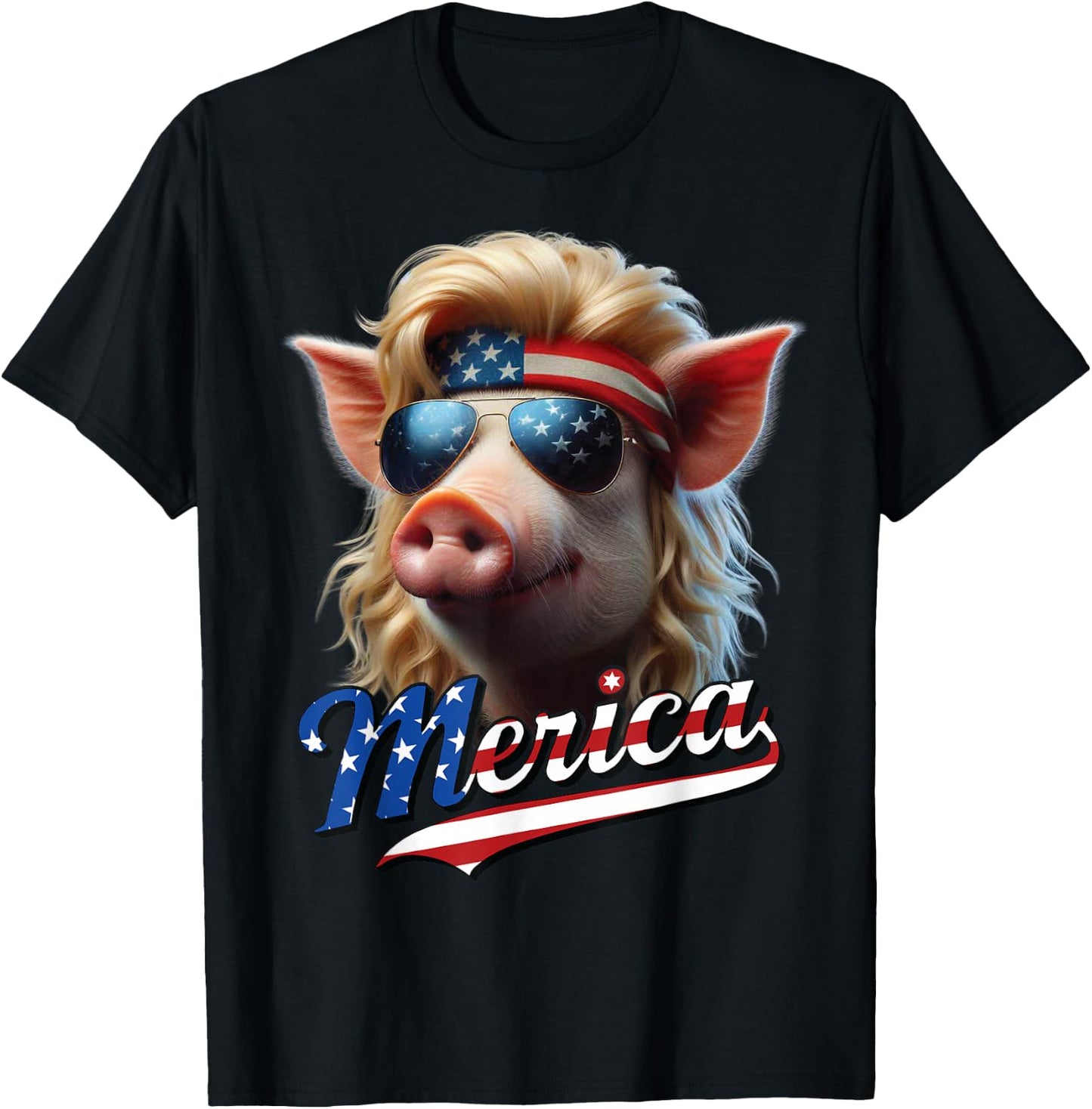 Pig Merica Blonde Mullet Wig USA Flag Funny T-Shirt - T-Shirt | Black