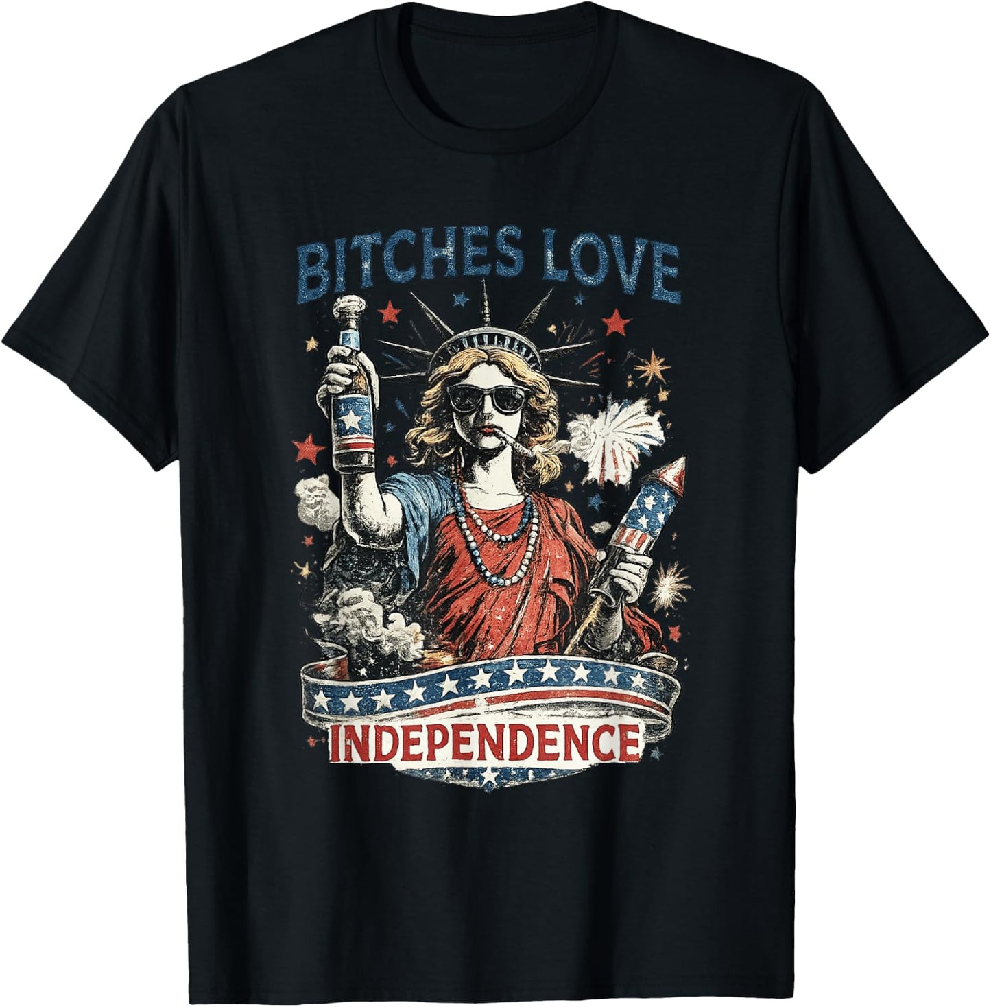Retro Bitches Love Independence Funny 4th of July T-Shirt - T-Shirt | Black