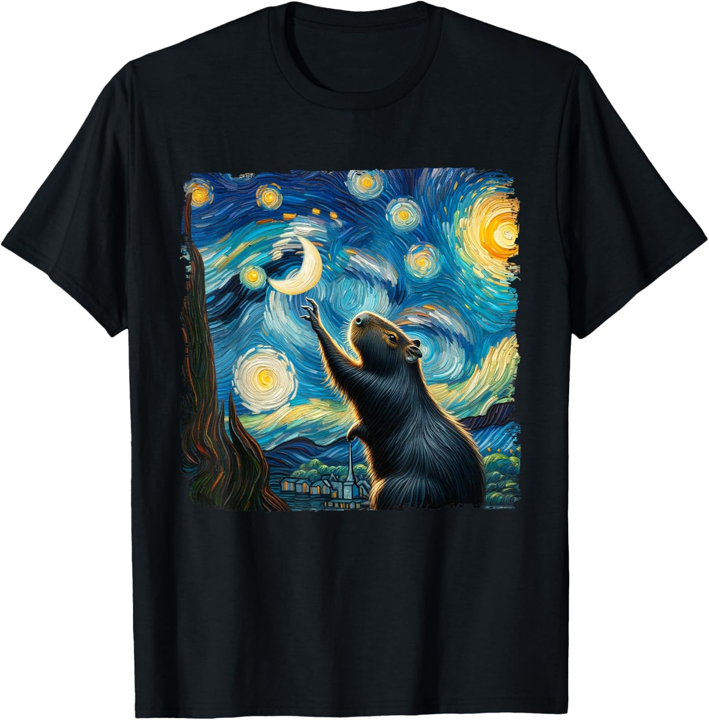 Classic Capybara Starry Night Distressed Capybaras Van Gogh T-Shirt - T-Shirt | Black