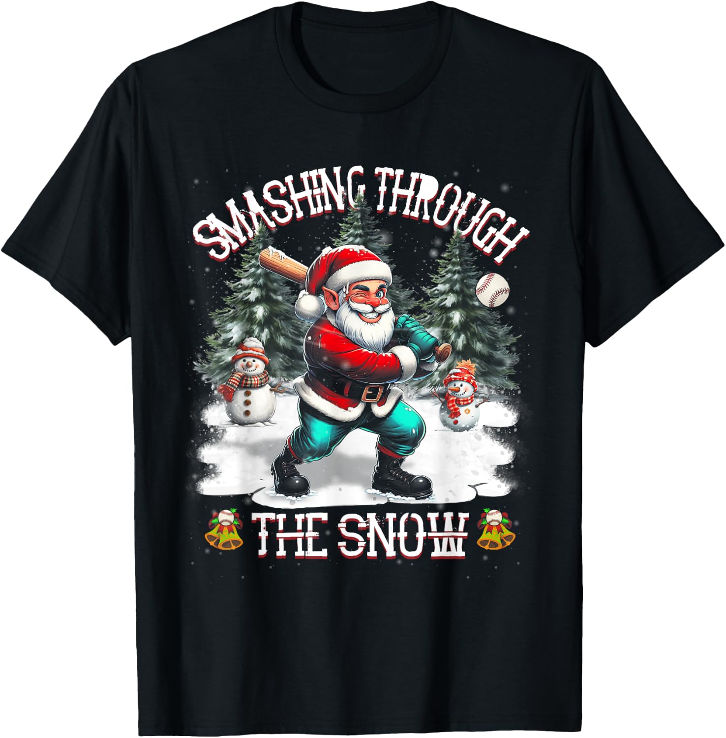 Baseball Player Christmas Santa Smashing Through Snow T-Shirt - T-Shirt | Black