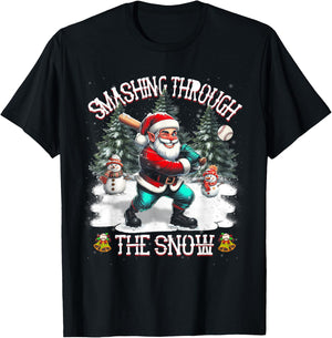 Baseball Player Christmas Santa Smashing Through Snow T-Shirt - T-Shirt | Black