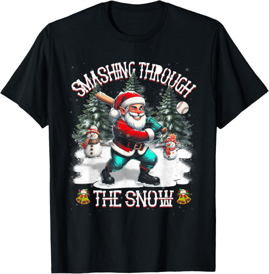 Baseball Player Christmas Santa Smashing Through Snow T-Shirt - T-Shirt | Black