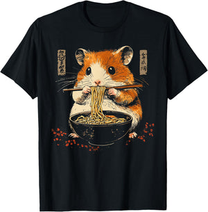 Ramen Cute Japanese Hamster For Wild Noodle Lovers , Black, S T-Shirt - T-Shirt | Black