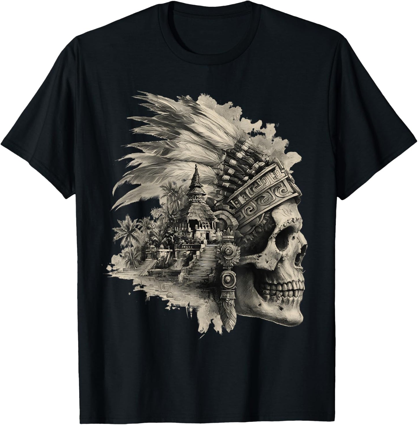 Feather Aztec Skull Maya Mexican Maya Indigenous Aztec T-Shirt - T-Shirt | Black