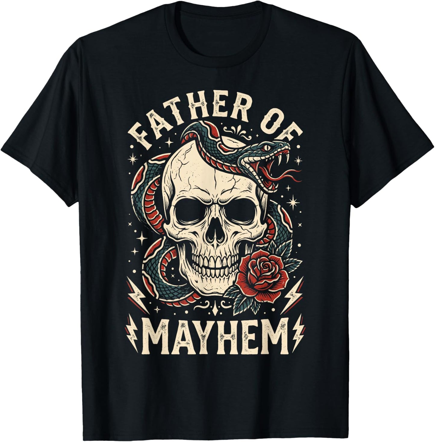 Father of Mayhem Vintage Tattoo Skull Snake & Rose T-Shirt - T-Shirt | Black