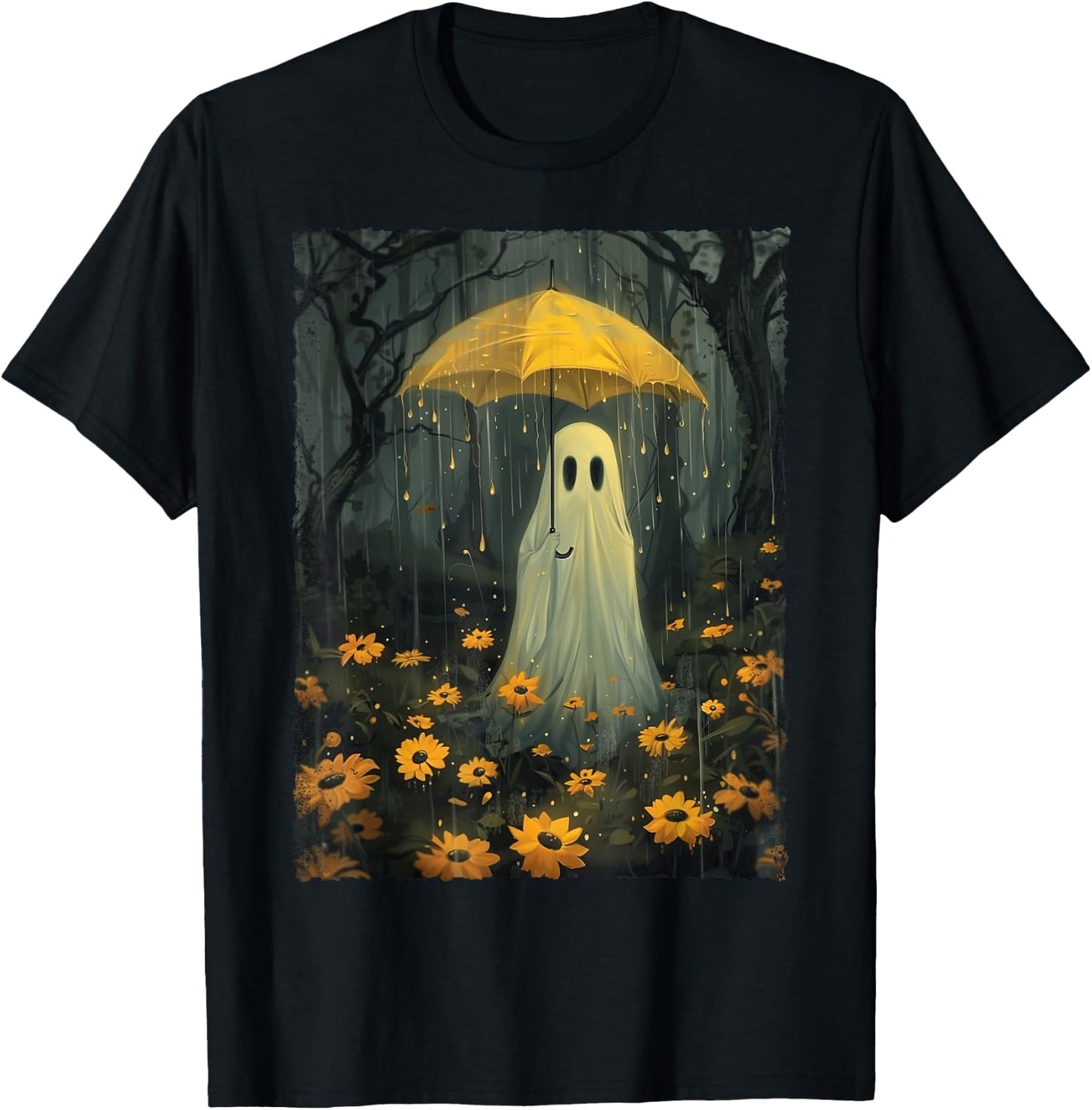 Ghost Holding Umbrella In The Rain Forest Gothic Whimsical T-Shirt - T-Shirt | Black