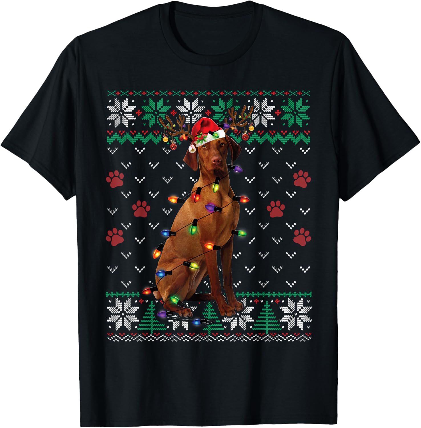 Vizsla Christmas Santa Ugly Sweater Dog Lover Xmas T-Shirt - T-Shirt | Black