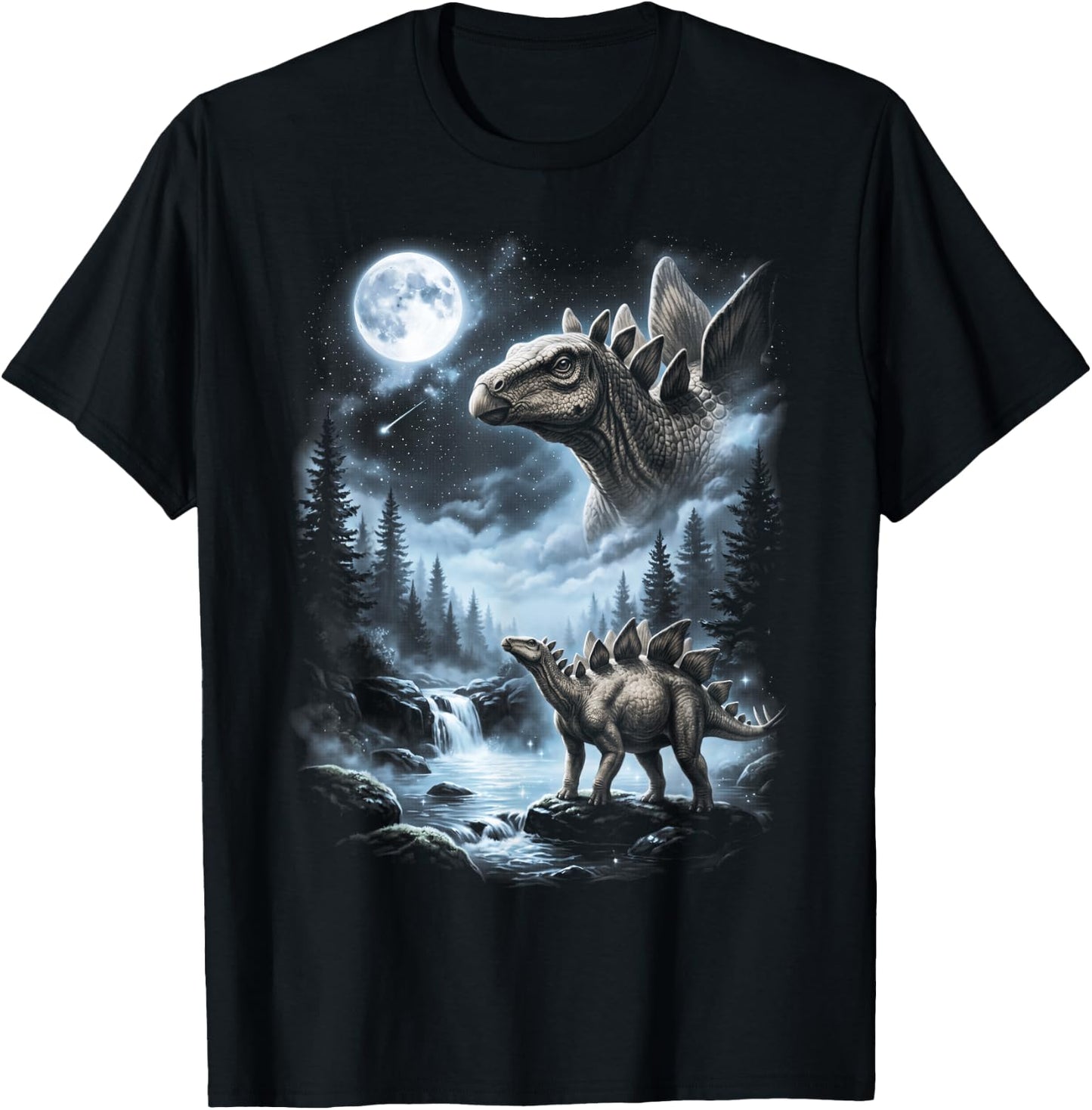 Stegosaurus Howling at Moon 90's Retro Dinosaur T-Shirt - T-Shirt | Black