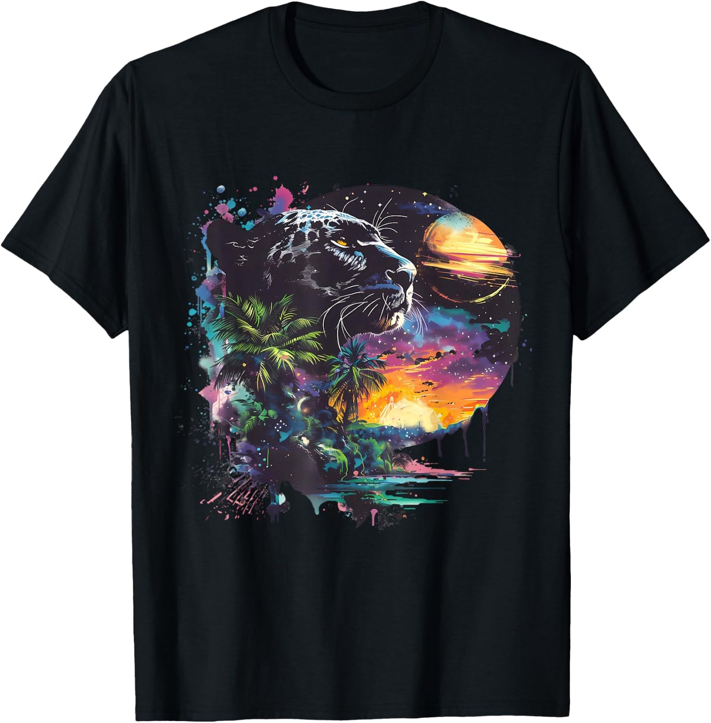 Panther Colourful Moon Artwork Panther Lover Wildlife T-Shirt - T-Shirt | Black