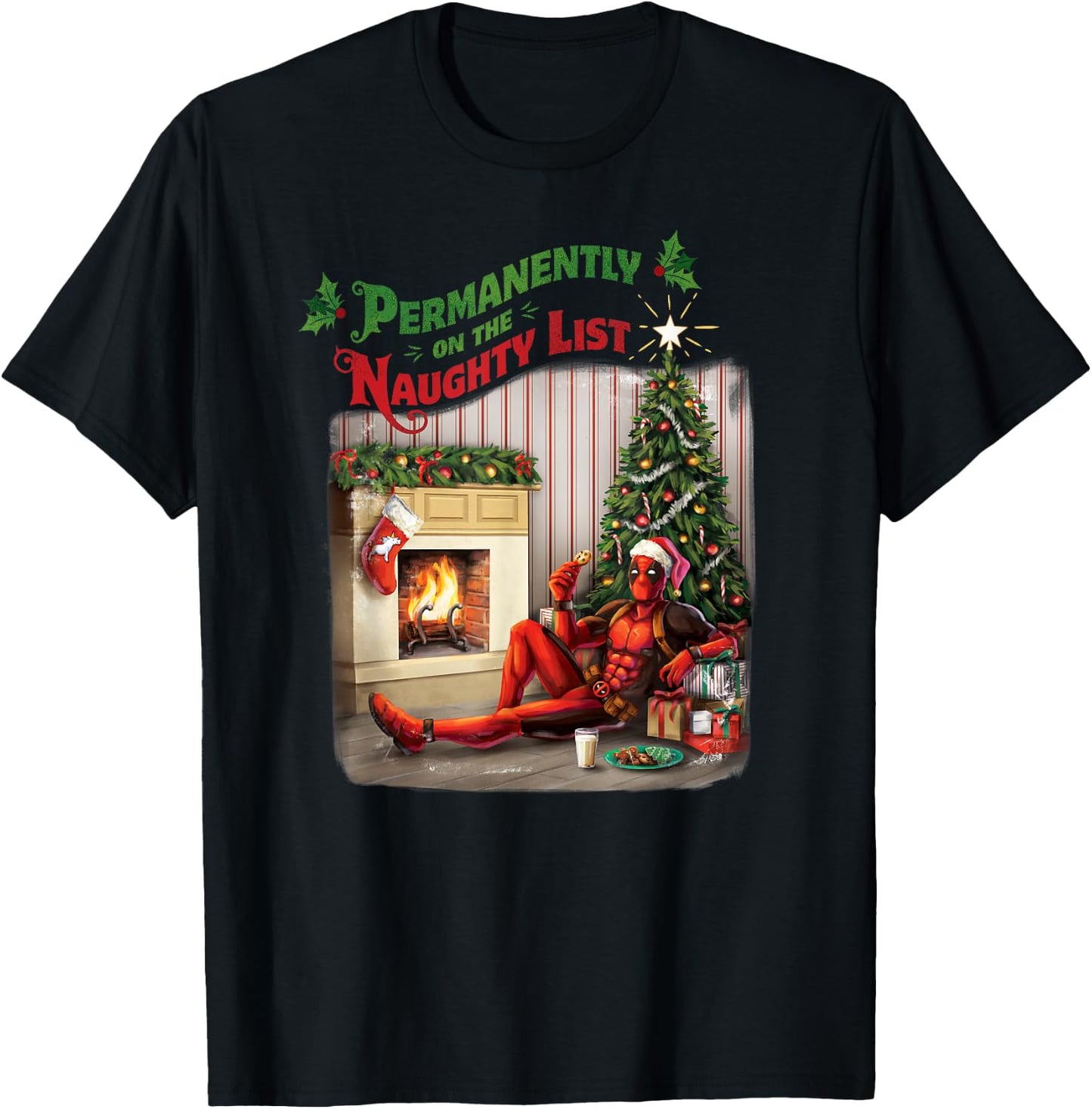 Marvel Deadpool Permanently on The Naughty List Holiday T-Shirt - T-Shirt | Black