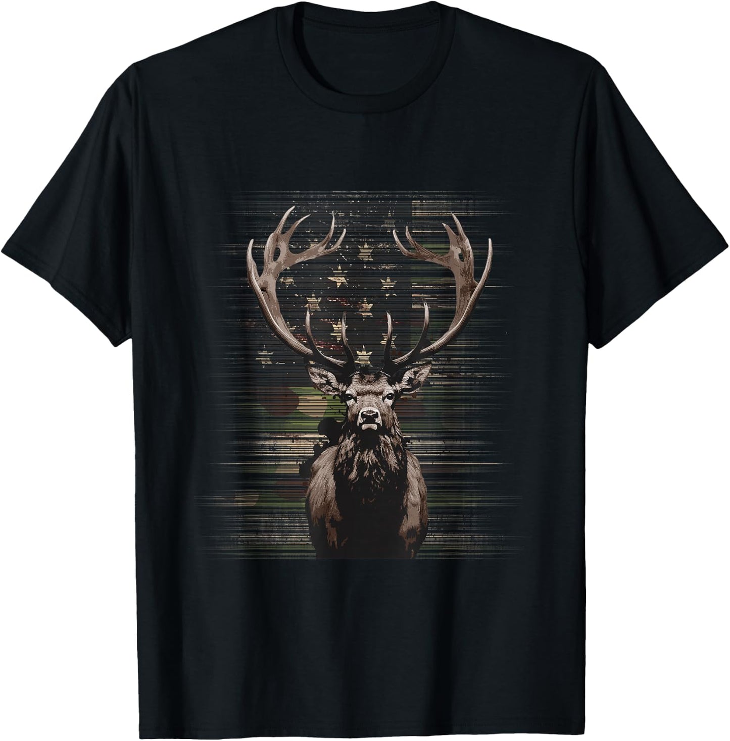 BASBO American Flag Camo Camouflage Outdoor Antlers Elk Deer T-Shirt - T-Shirt | Black