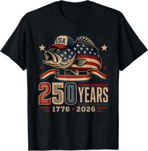 250 Years 1776-2026 Bass Fishing 250th Anniversary 4th July T-Shirt - T-Shirt | Black