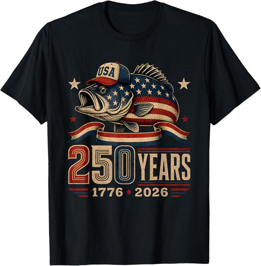 250 Years 1776-2026 Bass Fishing 250th Anniversary 4th July T-Shirt - T-Shirt | Black