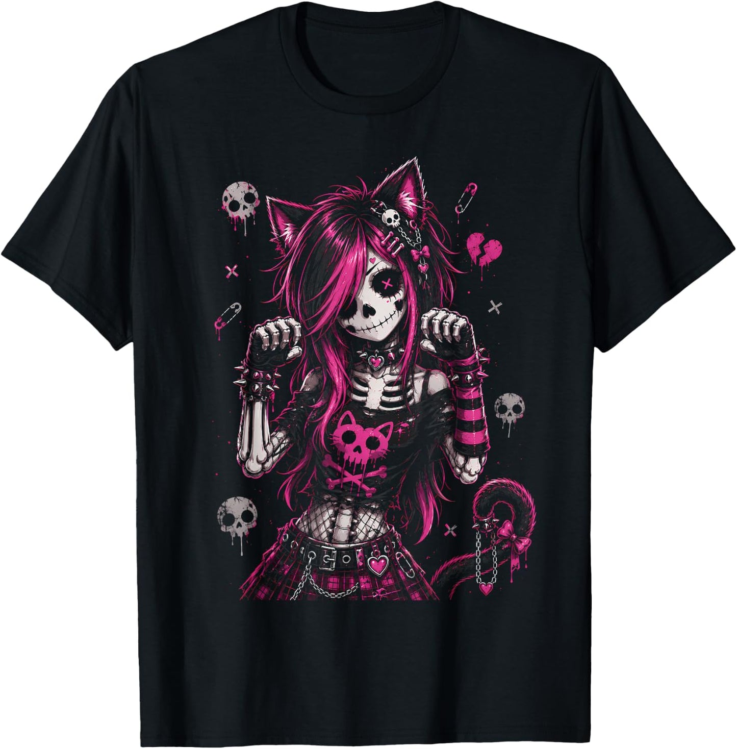 Emo Skeleton Cat Girl Pink Goth Aesthetic Rock Design T-Shirt - T-Shirt | Black