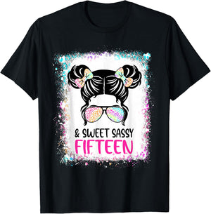 Sweet Sassy And Fifteen 15th Birthday Girl Leopard Messy Bun T-Shirt - T-Shirt | Black