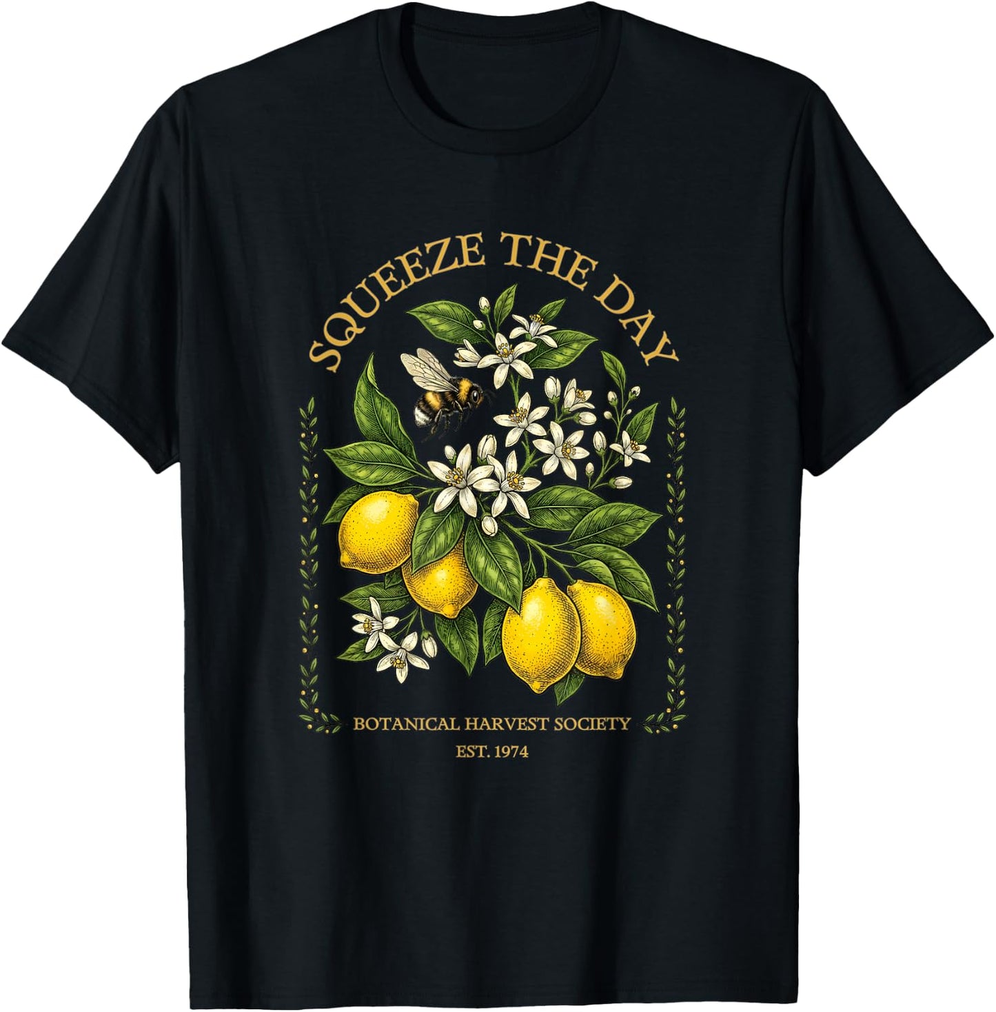 Squeeze The Day Vintage Lemon Bee Botanical Summer Fruit T-Shirt - T-Shirt | Black