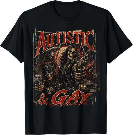 Autistic and Gay Funny Hard Skeleton Meme Music T-Shirt - T-Shirt | Black