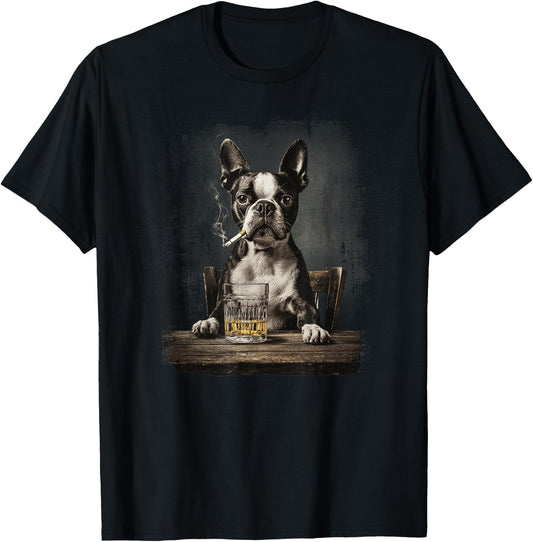 Vintage Smoking Boston Terrier Funny Dog Father's Day T-Shirt - T-Shirt | Black
