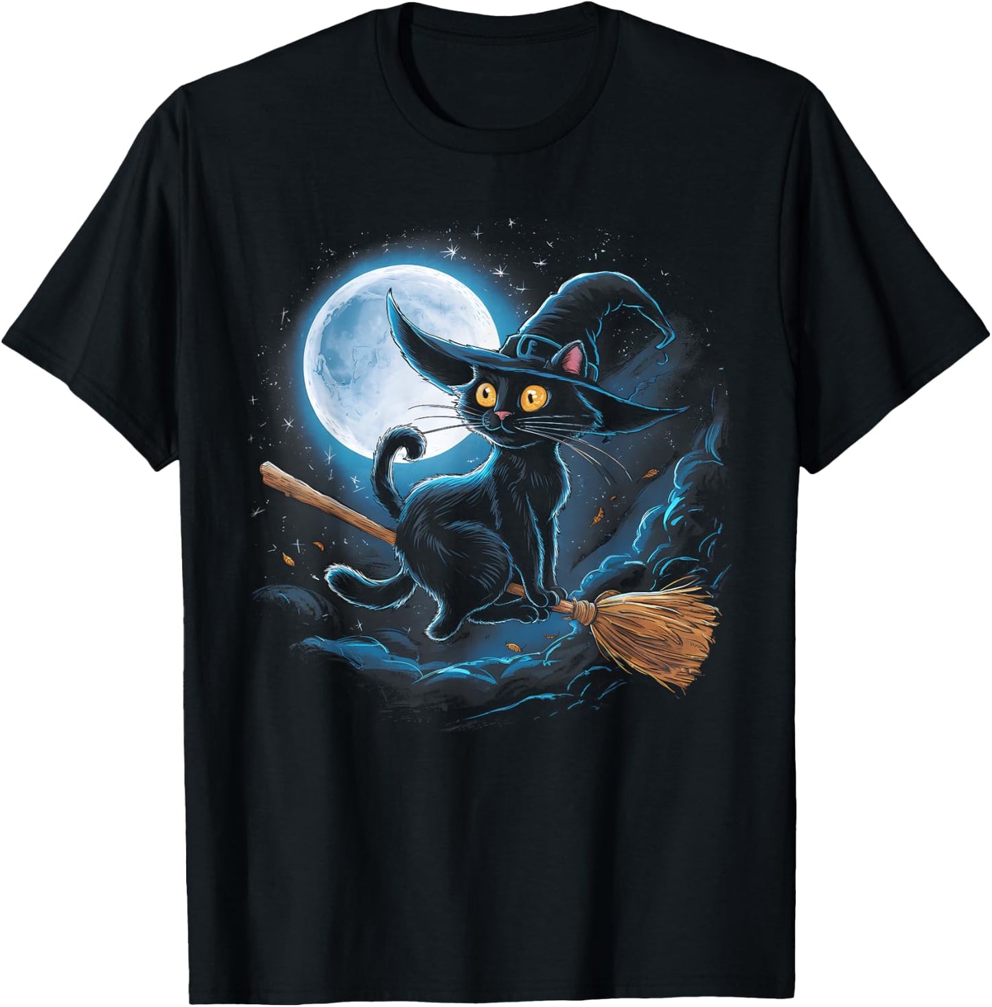 Witchy Black Cat on a Broomstick with Full Moon Halloween Women Kids T-Shirt - T-Shirt | Black