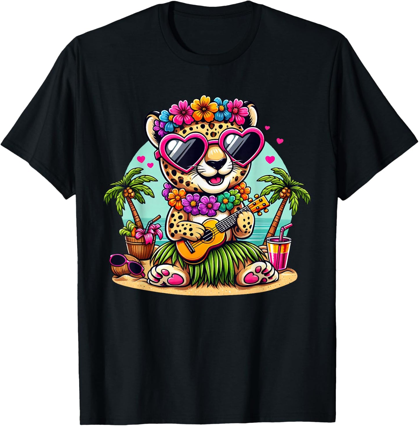 Funny Cheetah Hawaiian Costume Kids Summer Vacation Cheetah T-Shirt - T-Shirt | Black