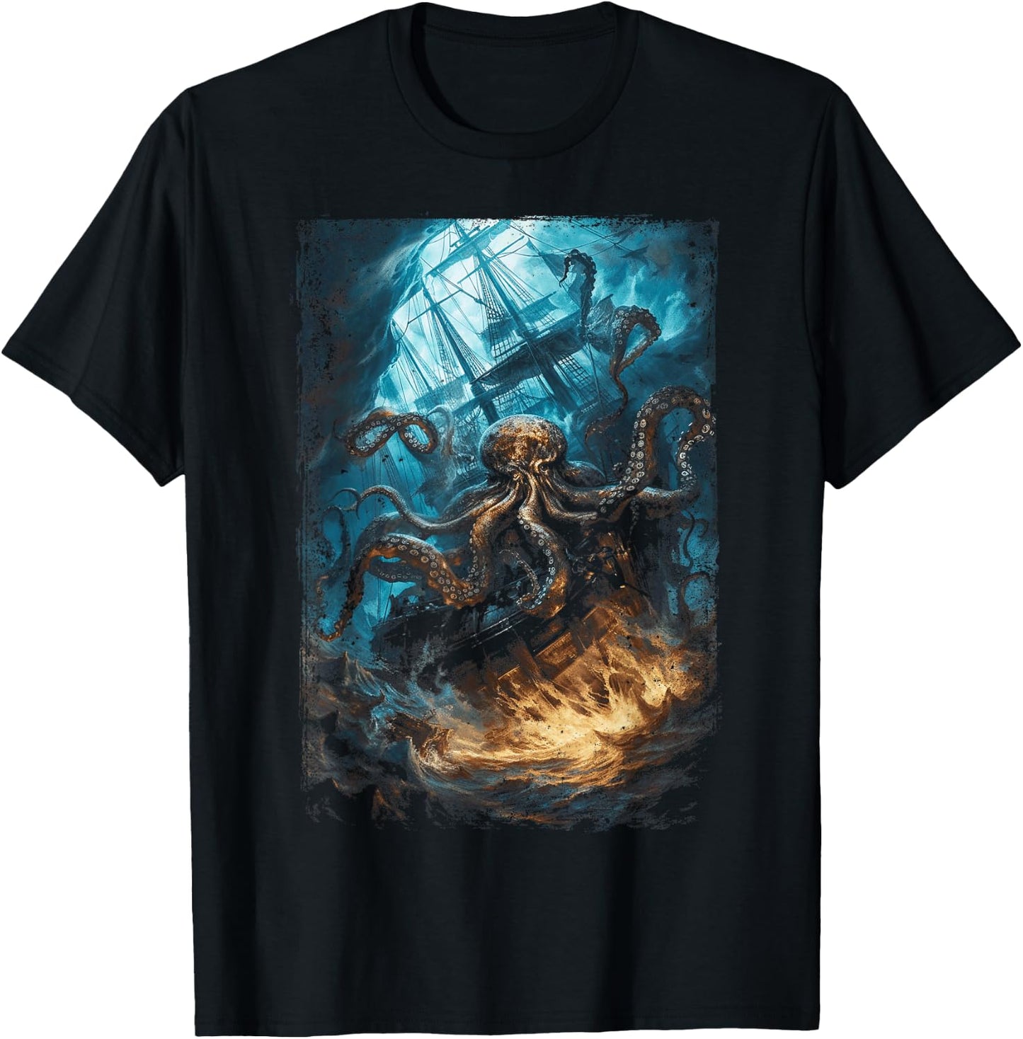 Giant Octopus Pirate Ship Vintage Kraken Sailing Squid T-Shirt - T-Shirt | Black