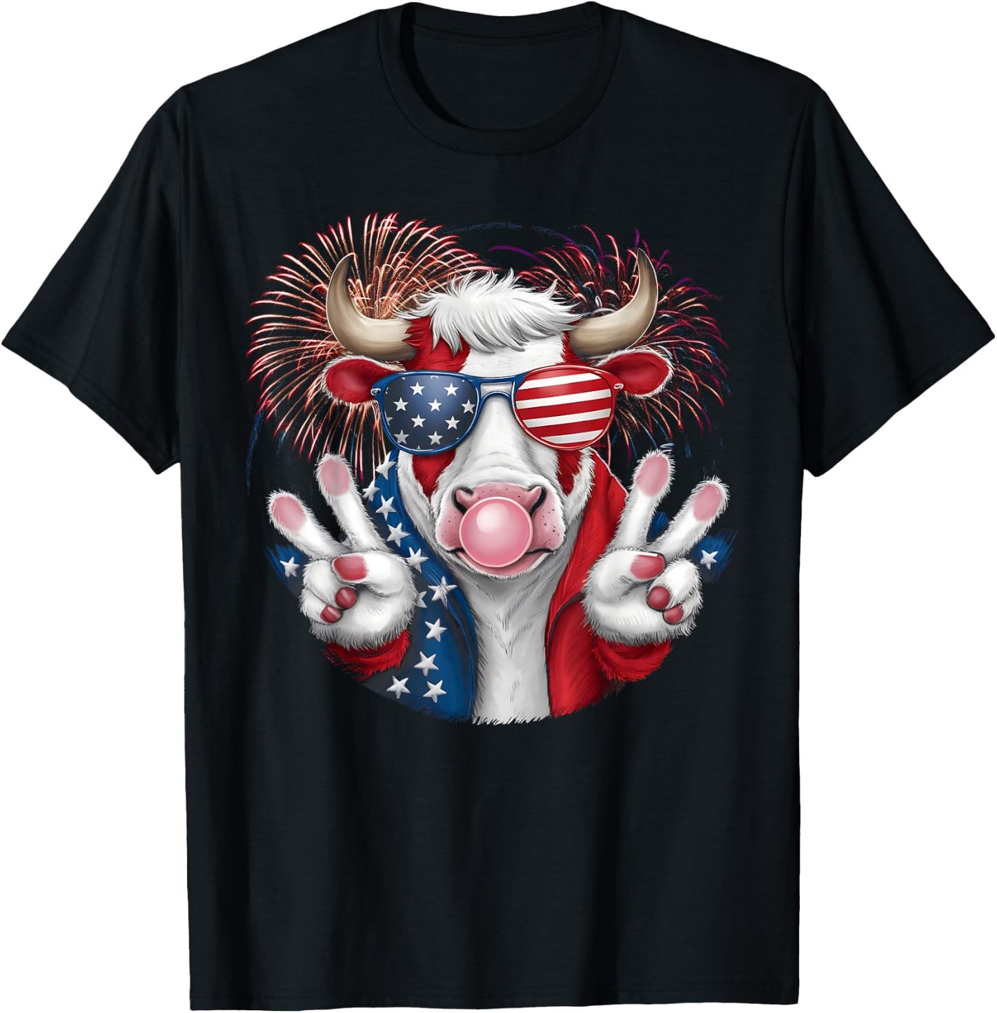 Fourth of July Firework Bull cow Patriotic American Flag T-Shirt - T-Shirt | Black