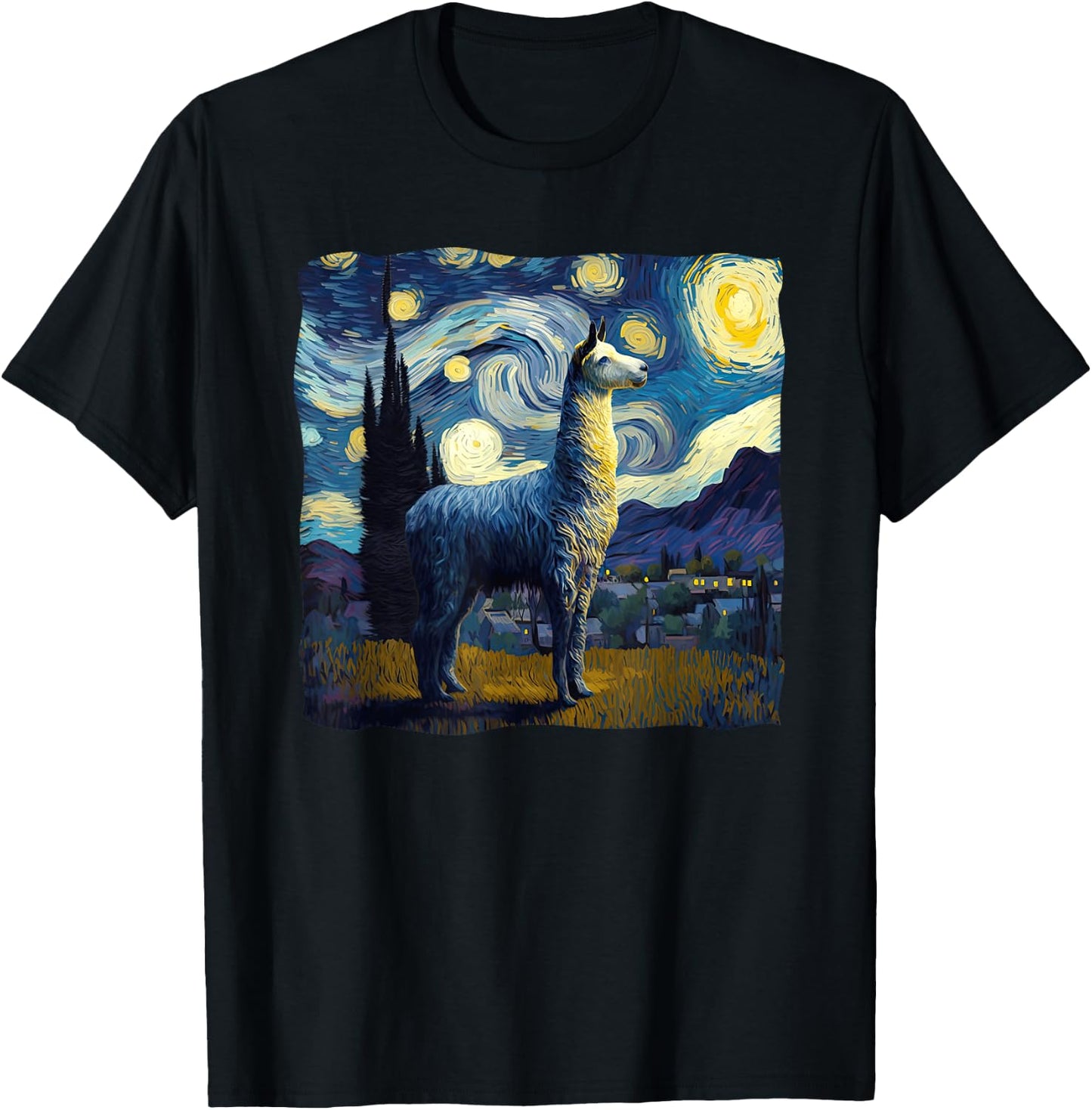 Llama Starry Night Van Gogh Painting Art Weird Aesthetic T-Shirt - T-Shirt | Black