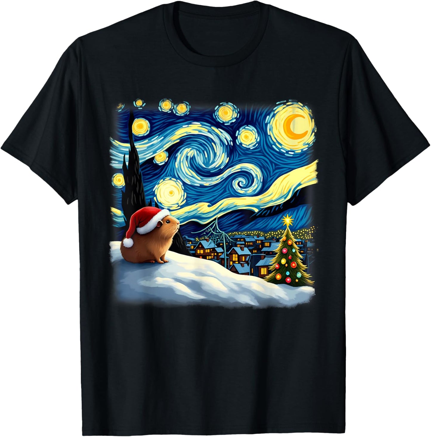 Christmas Guinea Pig Starry Night T-Shirt - T-Shirt | Black