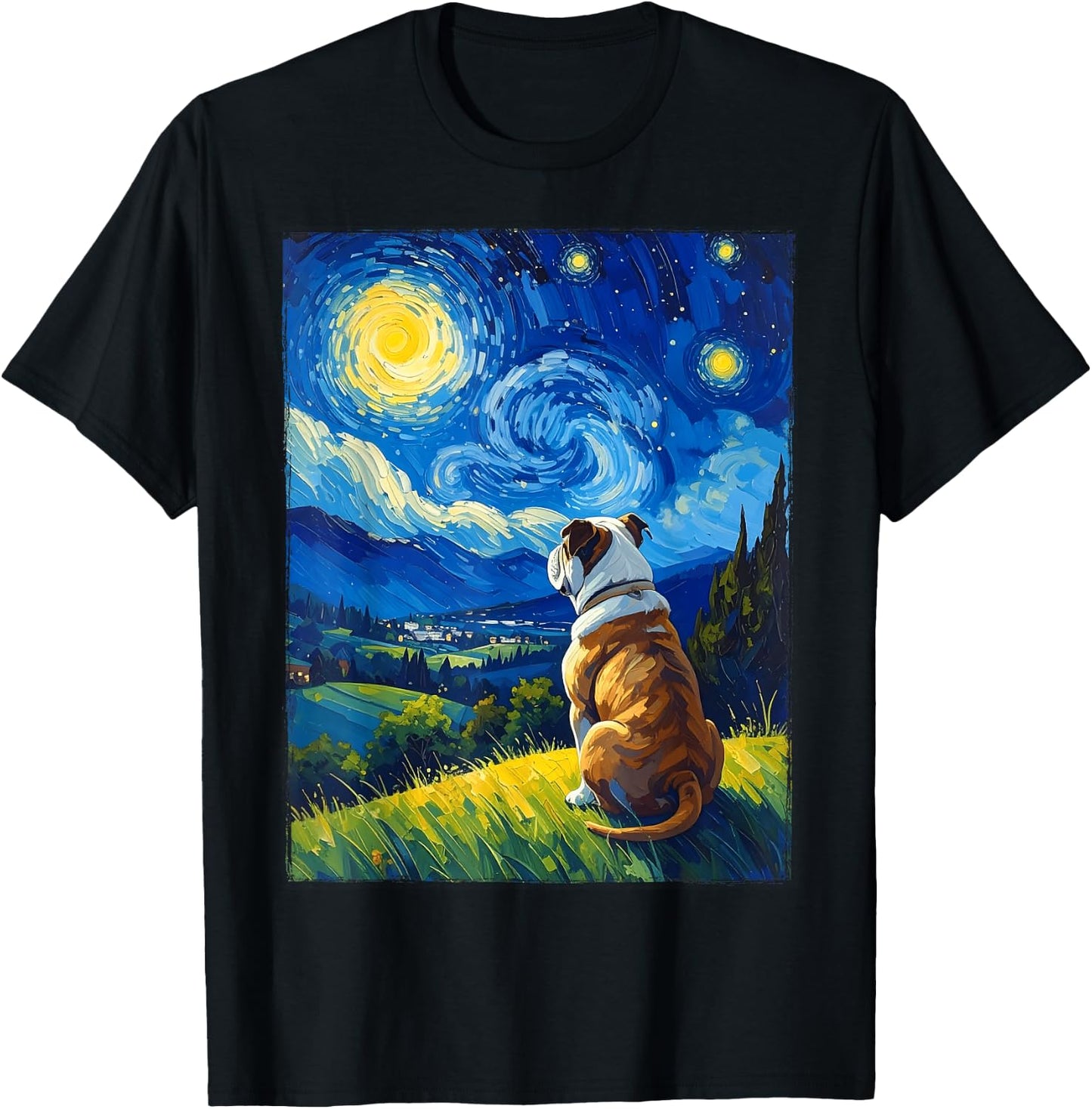 Bulldog Van Gogh Starry Night T-Shirt - T-Shirt | Black