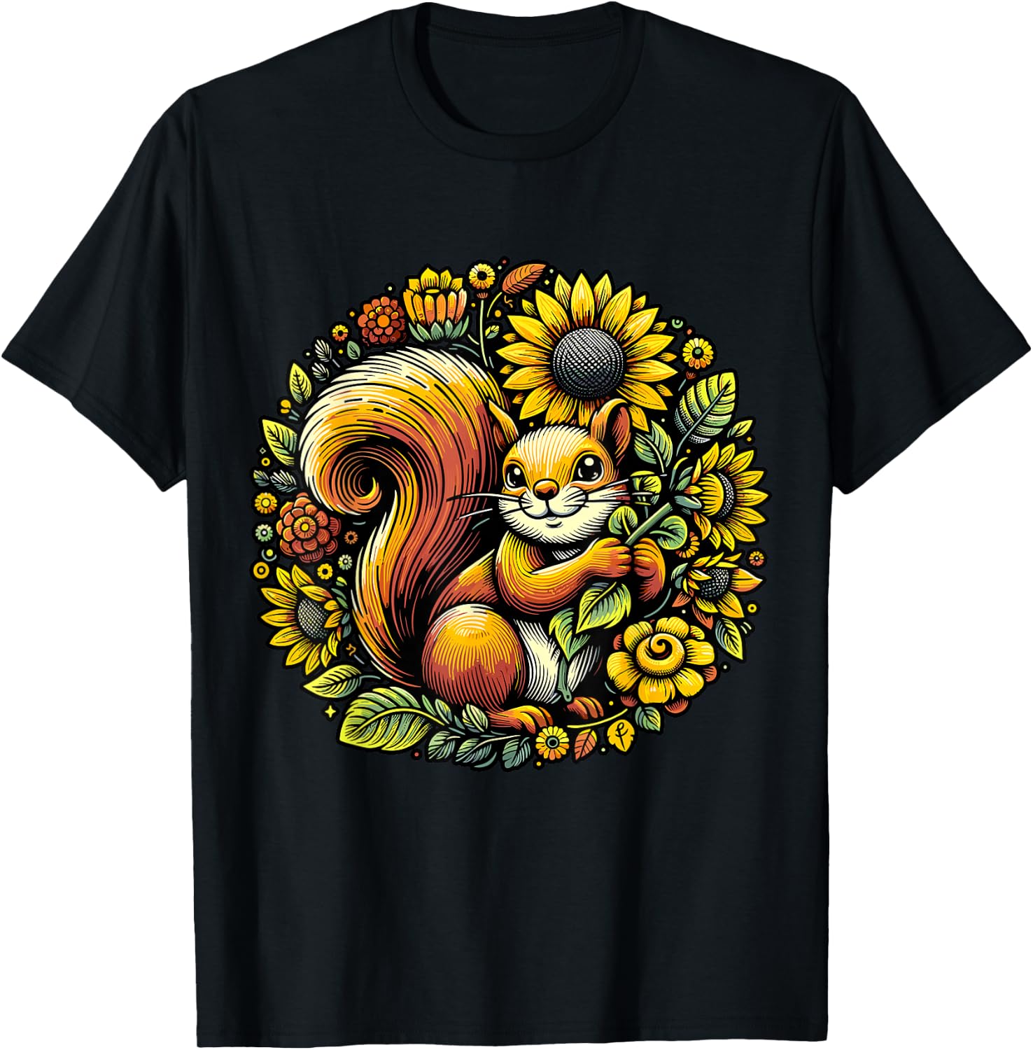 Squirrel with Sunflower T-Shirt - T-Shirt | Black