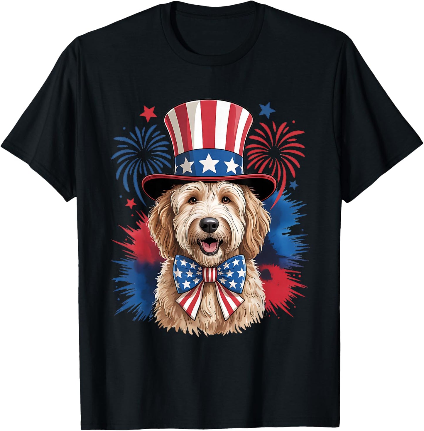 Cute Goldendoodle Dog 4th of July USA Patriotic Hat and Bow T-Shirt - T-Shirt | Black