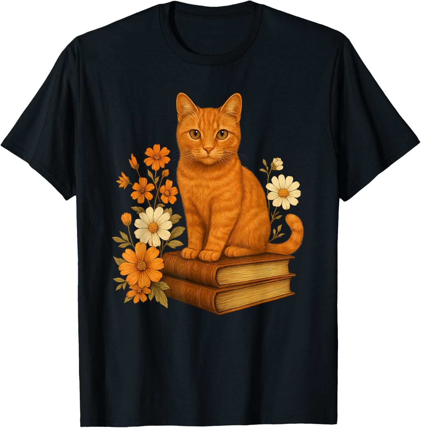 Cute Orange Cat Book Flowers T-Shirt - T-Shirt | Black
