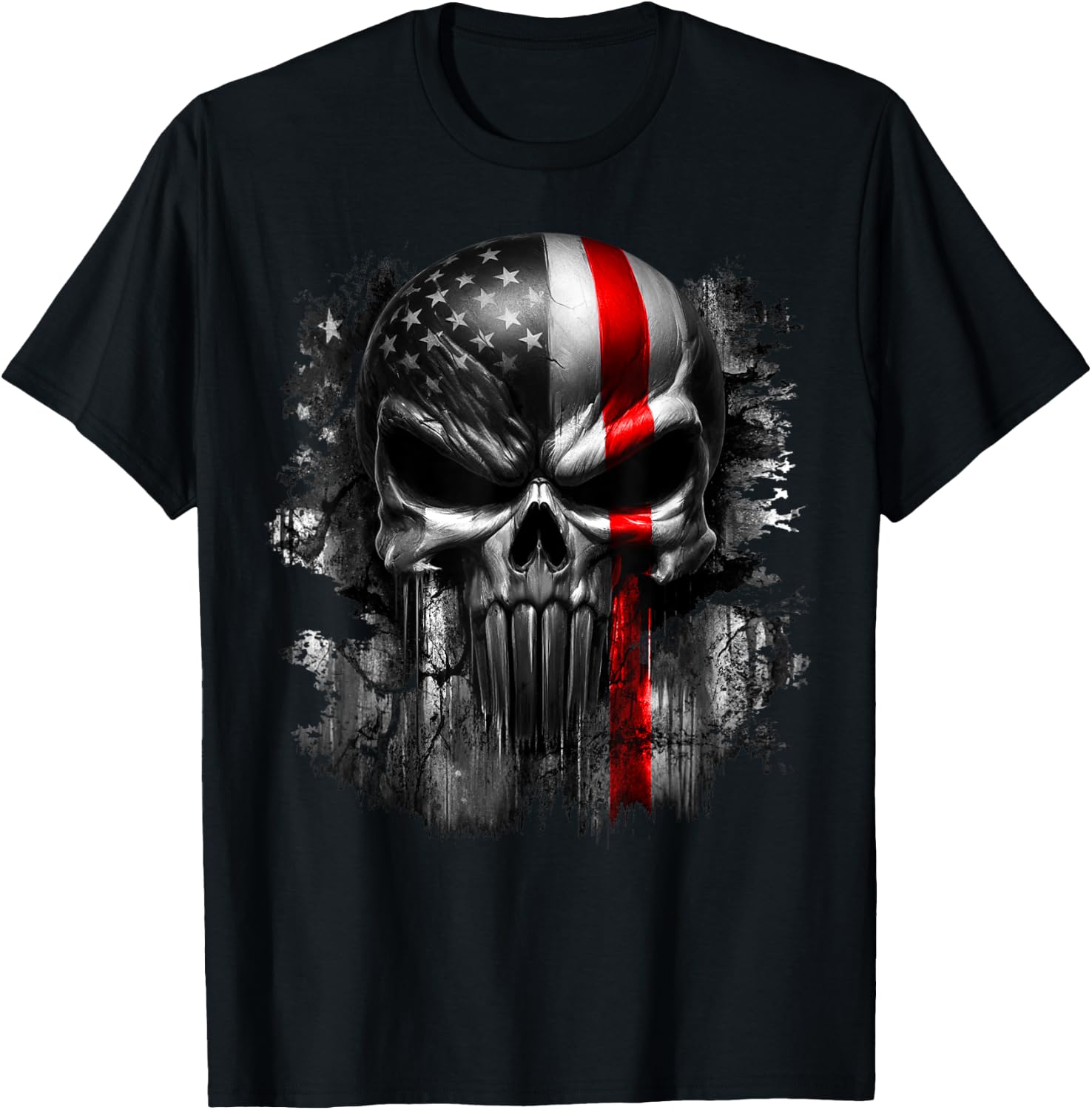USA American Skull Patriotic Flag Red Line Grunge Graphic T-Shirt - T-Shirt | Black