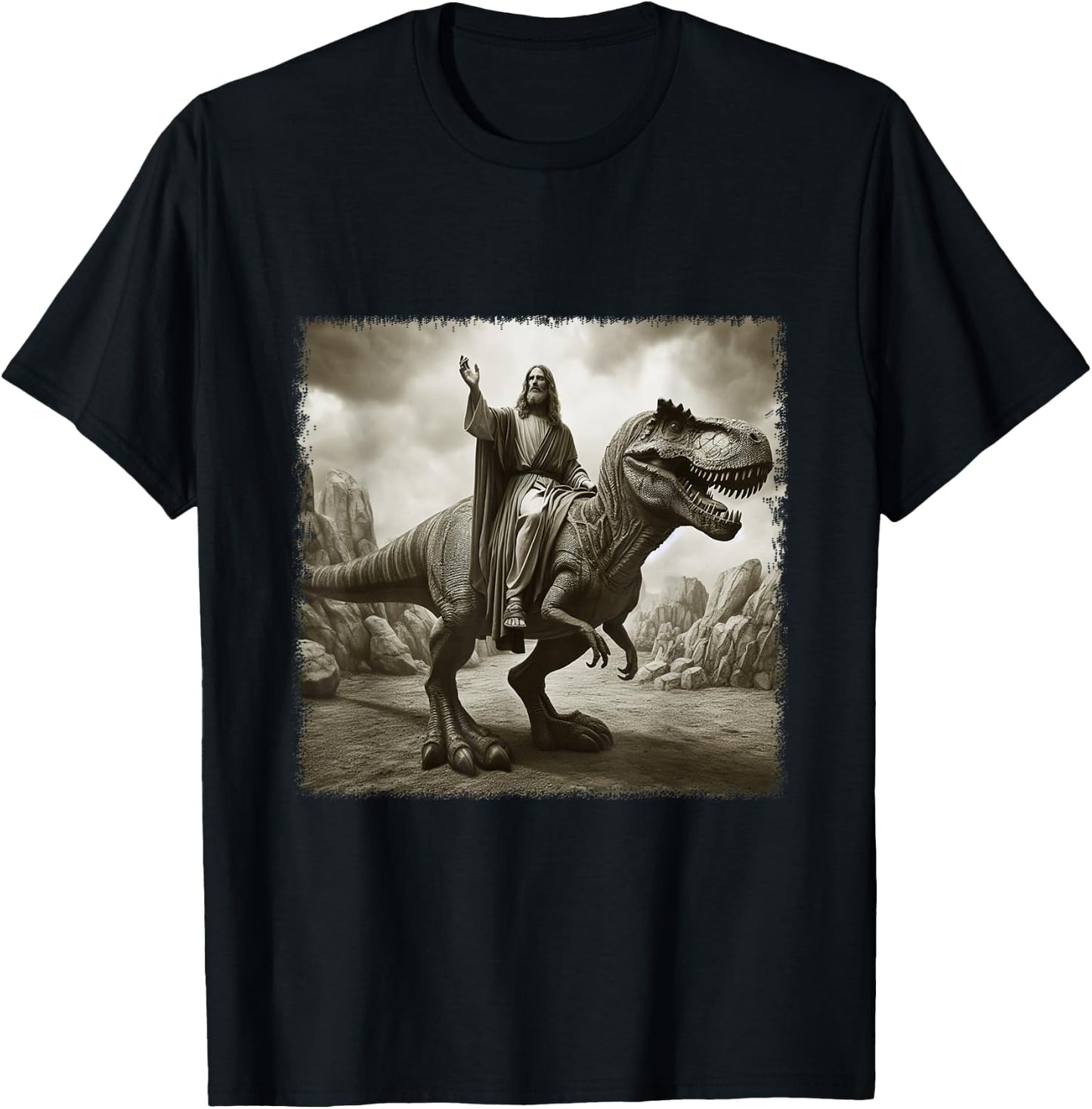 Vintage Jesus Riding T Rex Dinosaur Believers Christian T-Shirt - T-Shirt | Black
