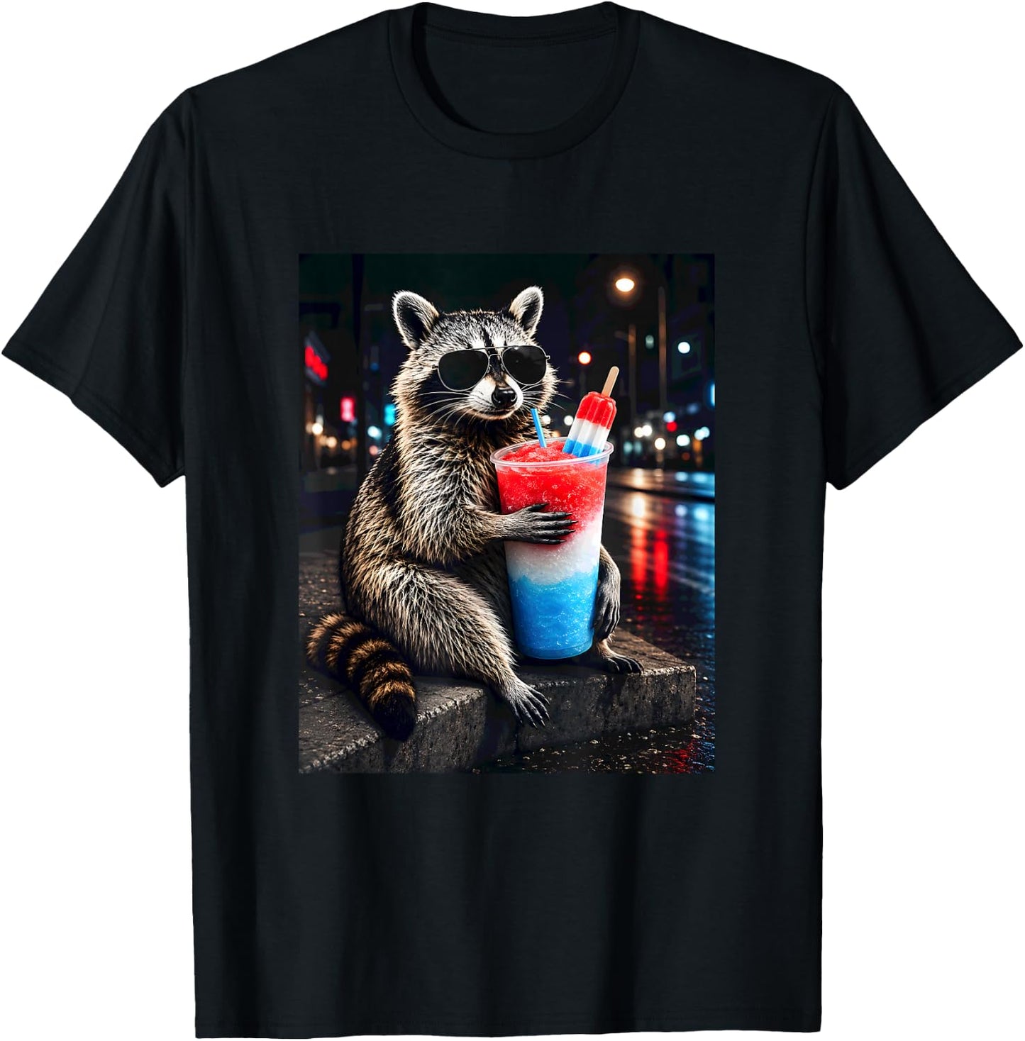 4th of July Raccoon Drinking Iced Cocktail Funny Animal Meme T-Shirt - T-Shirt | Black