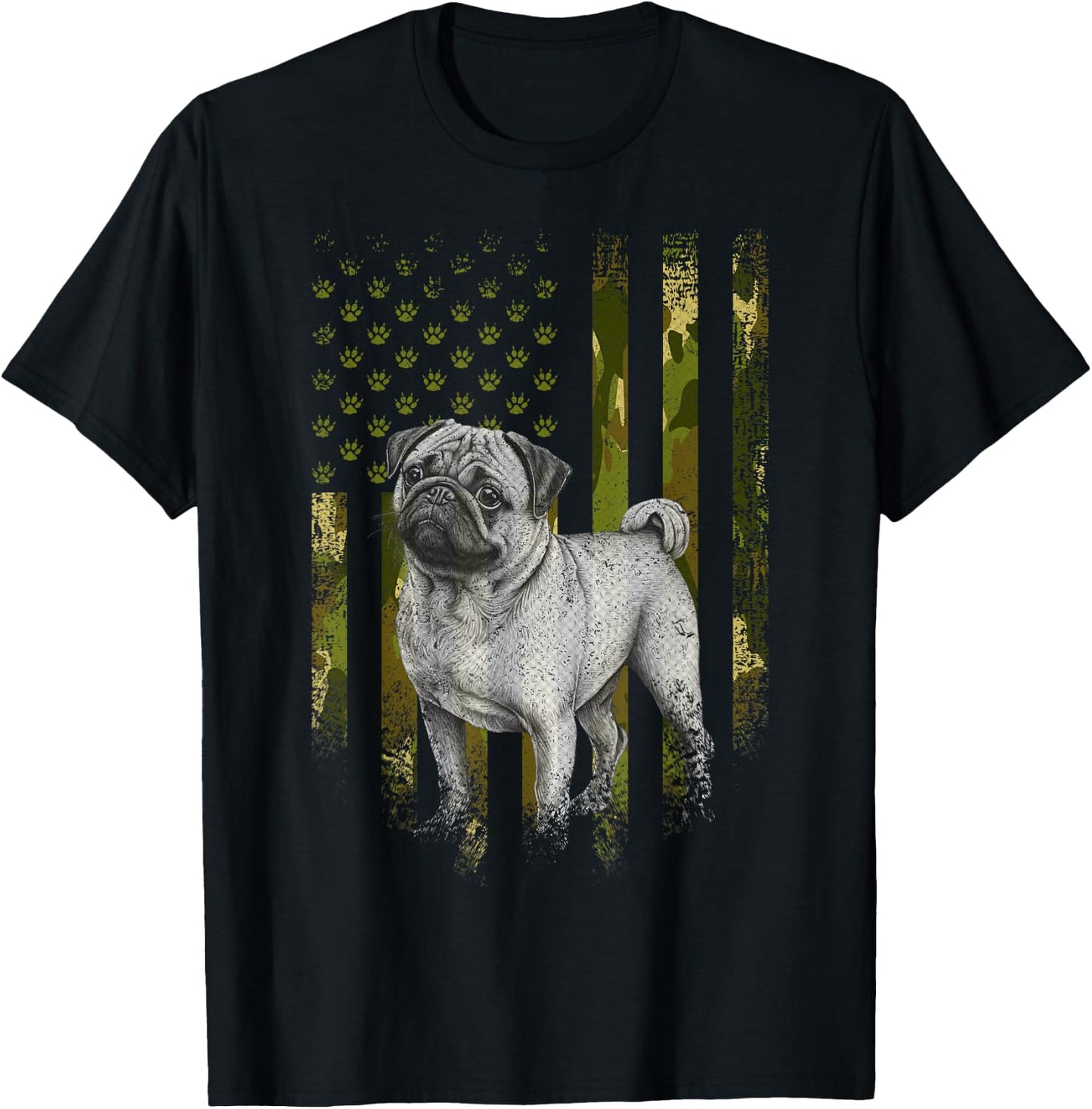 Vintage Camouflage USA Camo Flag Pug Dog 4th Of July T-Shirt - T-Shirt | Black