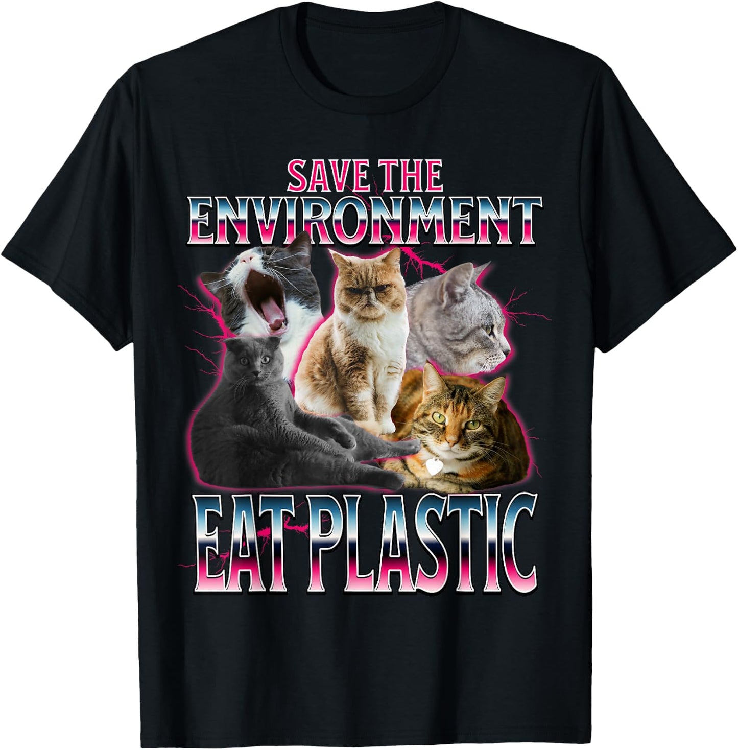 Save the Environment Eat Plastic Cute Funny Cat Meme T-Shirt - T-Shirt | Black