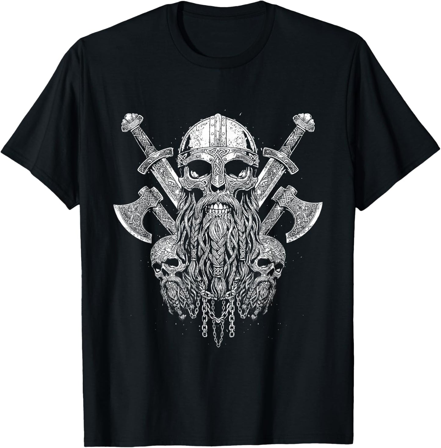 Viking Skull with Helmet with Viking Axe - Black and White T-Shirt - T-Shirt | Black