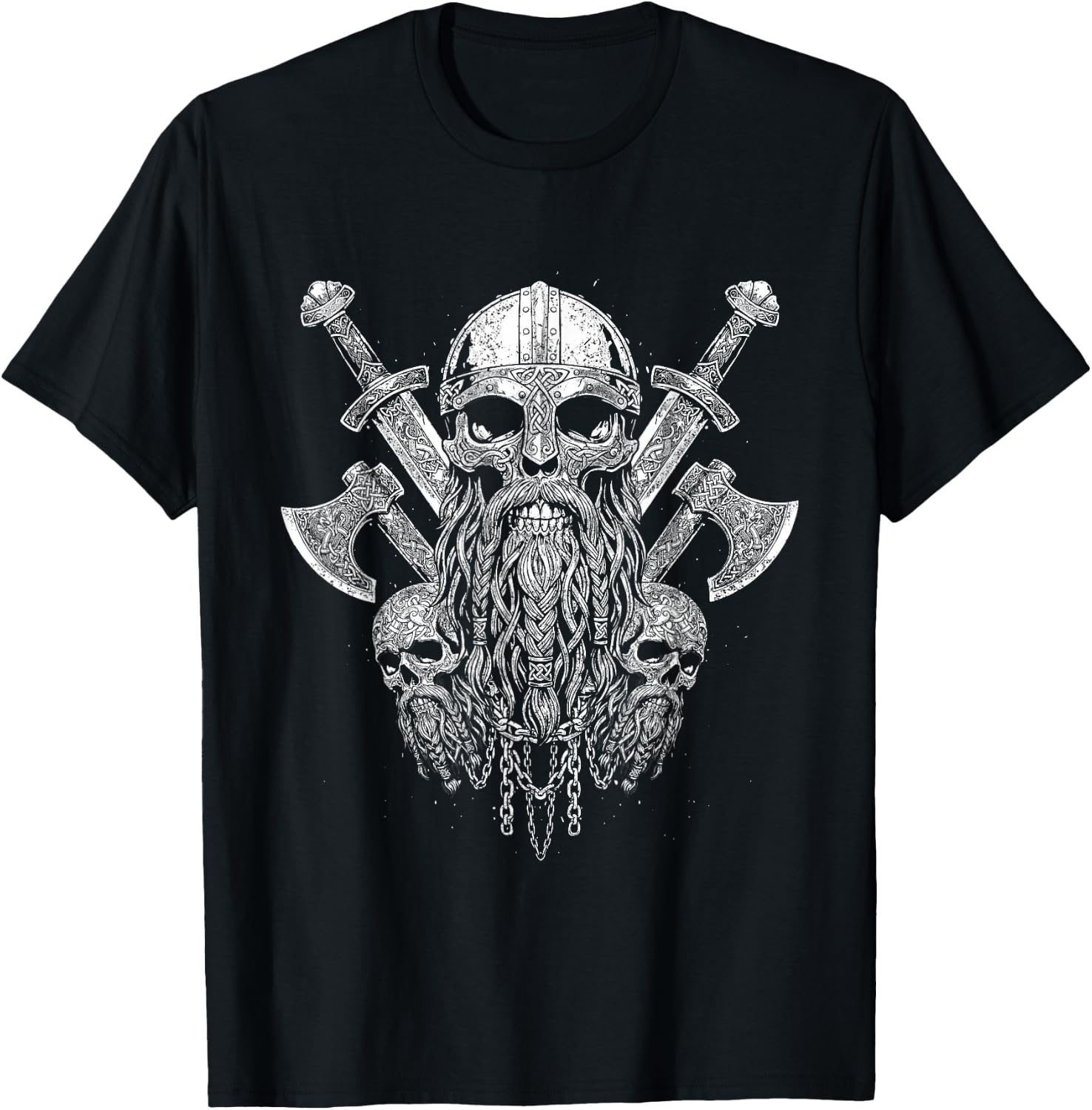 Viking Skull with Helmet with Viking Axe - Black and White T-Shirt - T-Shirt | Black