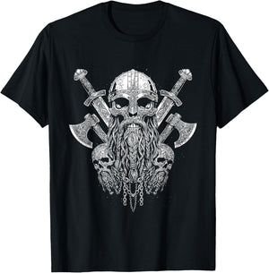 Viking Skull with Helmet with Viking Axe - Black and White T-Shirt - T-Shirt | Black
